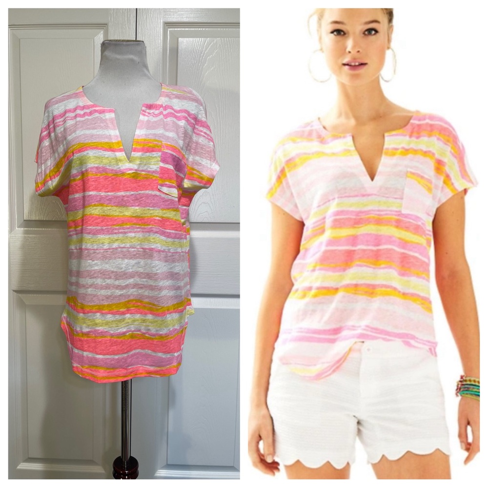 Lilly Pulitzer DUVAL NOTCH NECKLINE LINEN TOP IN PINK POUT MAIN SQUEEZE